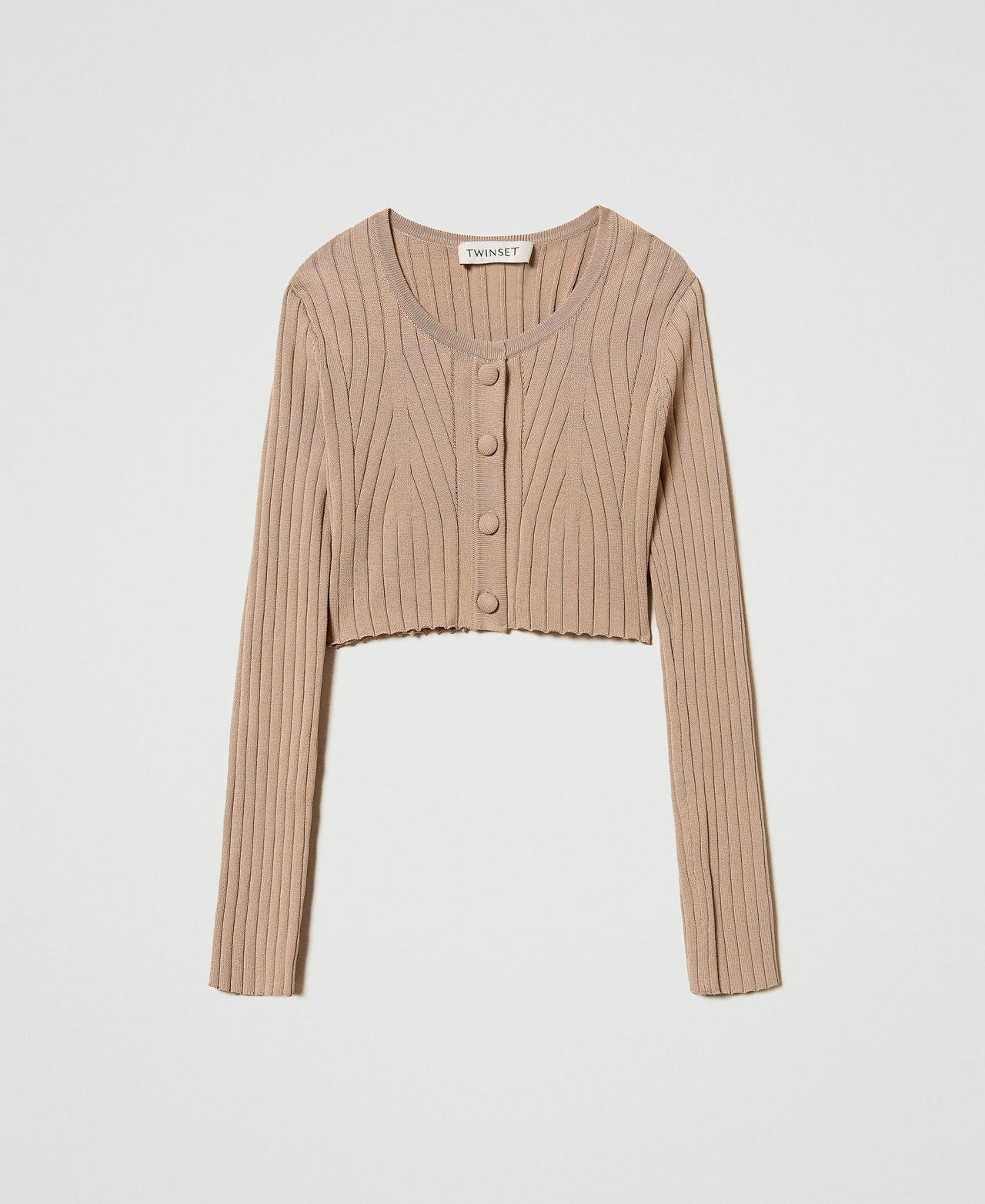 Cropped ribbed cardigan with Oval T Beige Hemp Girl 251GJ3405_00310_0S