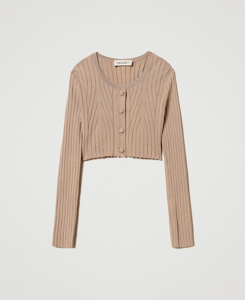 Cropped ribbed cardigan with Oval T Beige Hemp Girl 251GJ3405_00310_0S