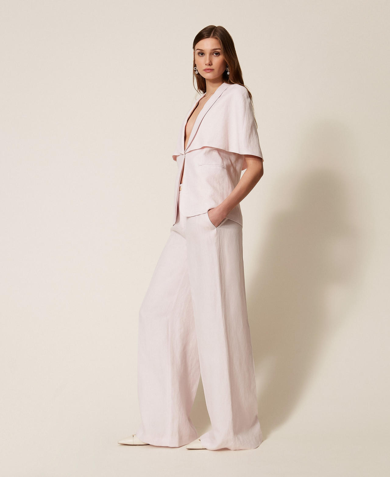 Linen blend wide leg trousers Pink Sand Woman 261TP2454_00570_02