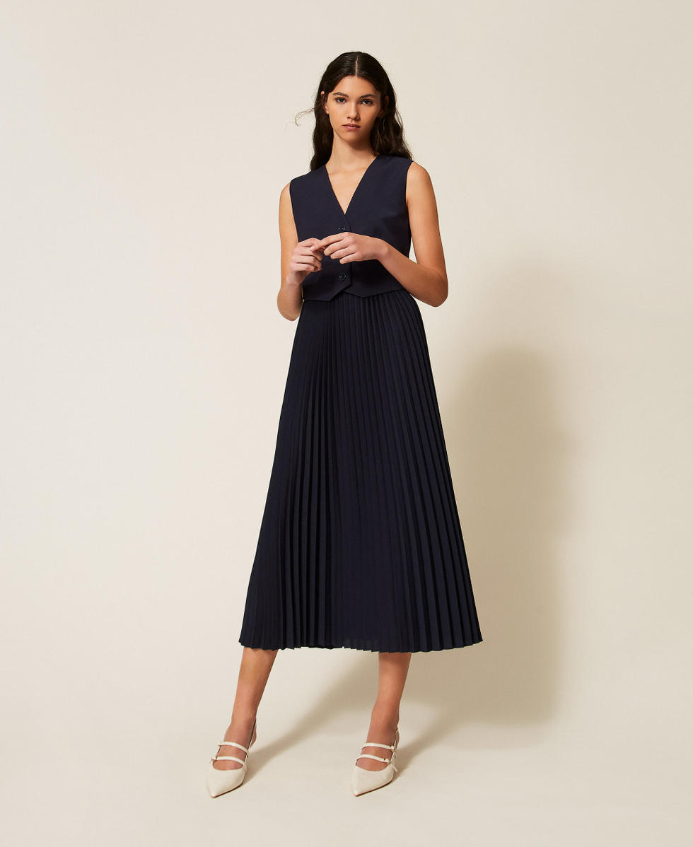 Vestido largo de efecto chaleco con plisados Azul Noche Mujer 261TE2111_13172_01