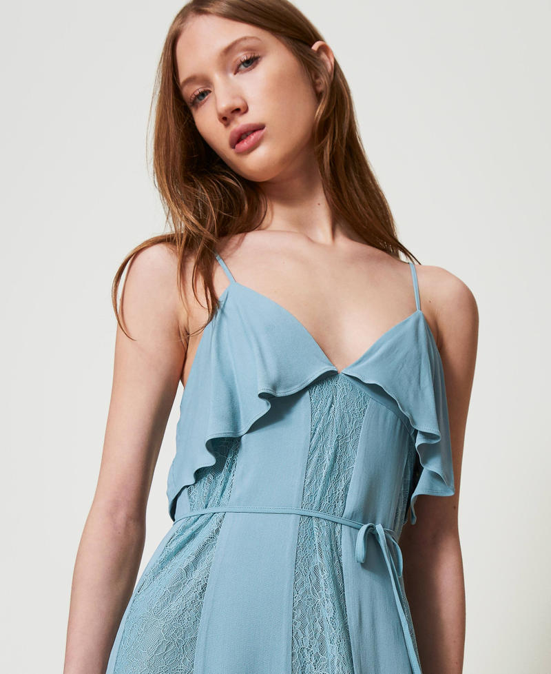 Long cr&ecirc;pe and Chantilly lace dress with ruffles Dusty Blue Woman 251TP2412_00485_04