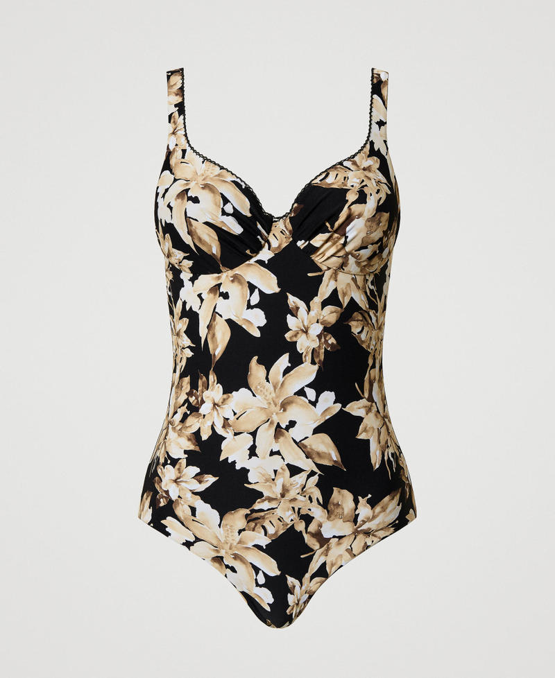 One-piece swimsuit with floral print Black/Natural Beige Floral Print Woman 251LBMTZZ_12195_S0