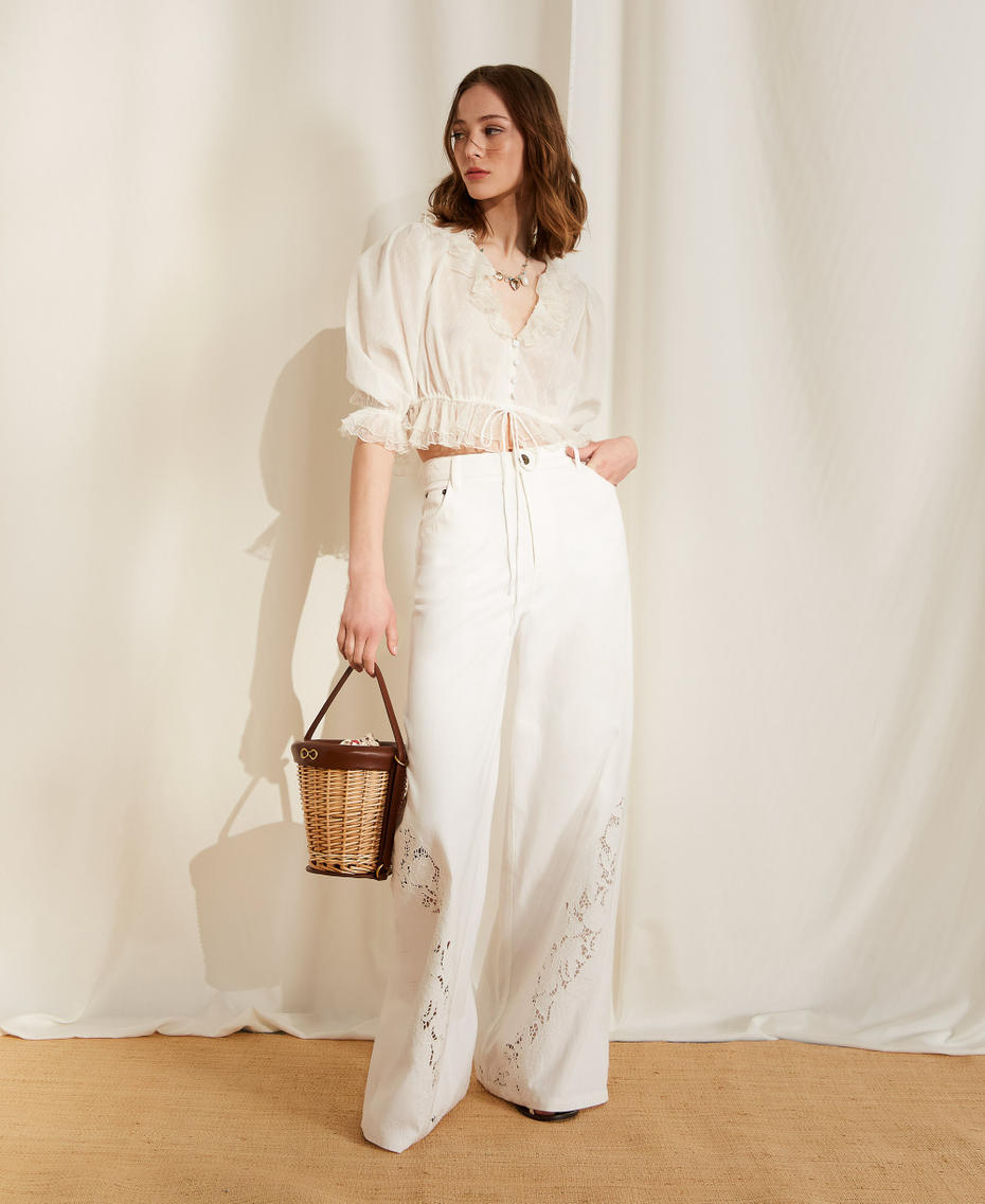 Pantaloni in bull con ricamo Bianco Neve Donna 261TT2461_00282_PC