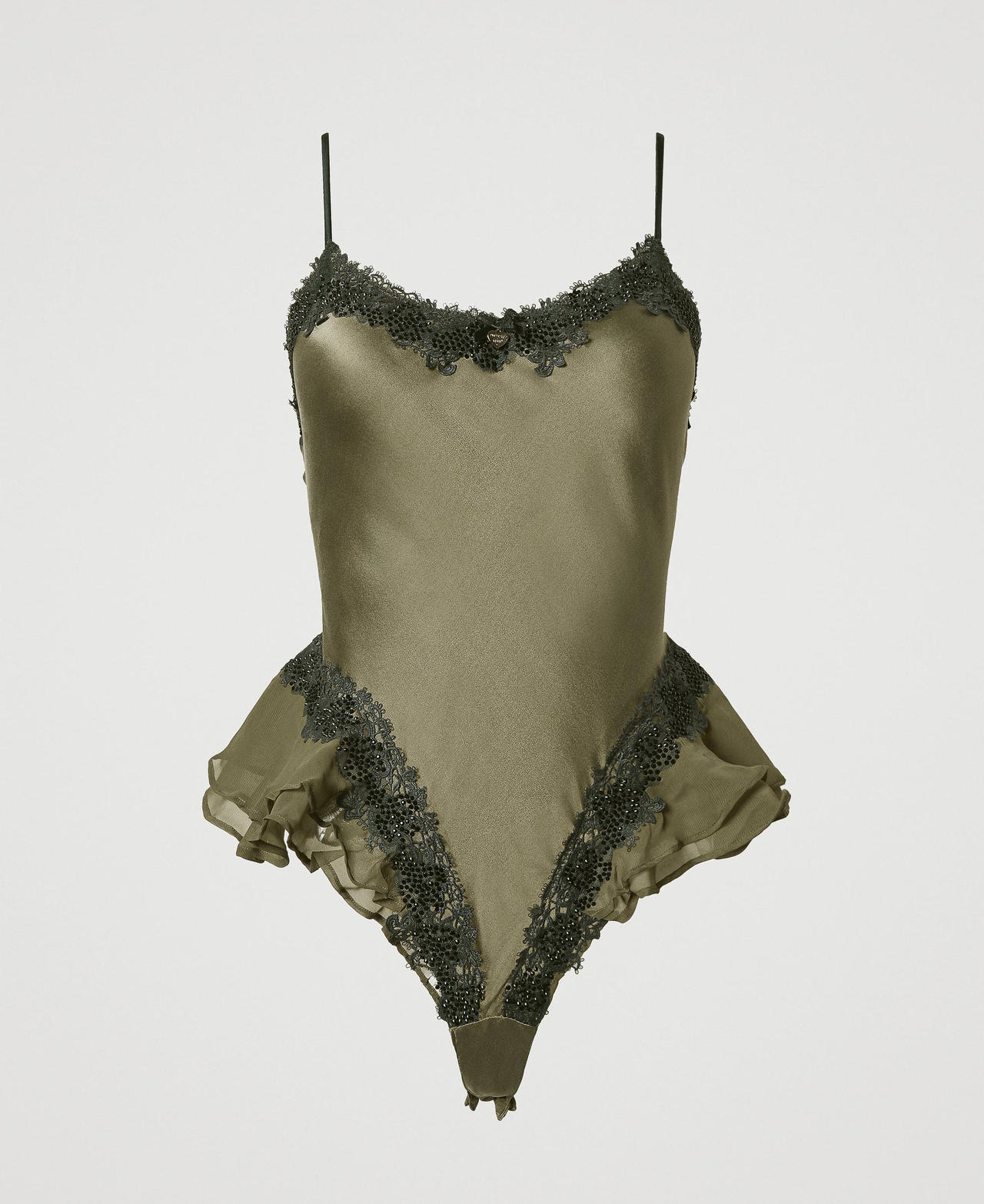 Scee by twin set Body in seta con macramè e strass