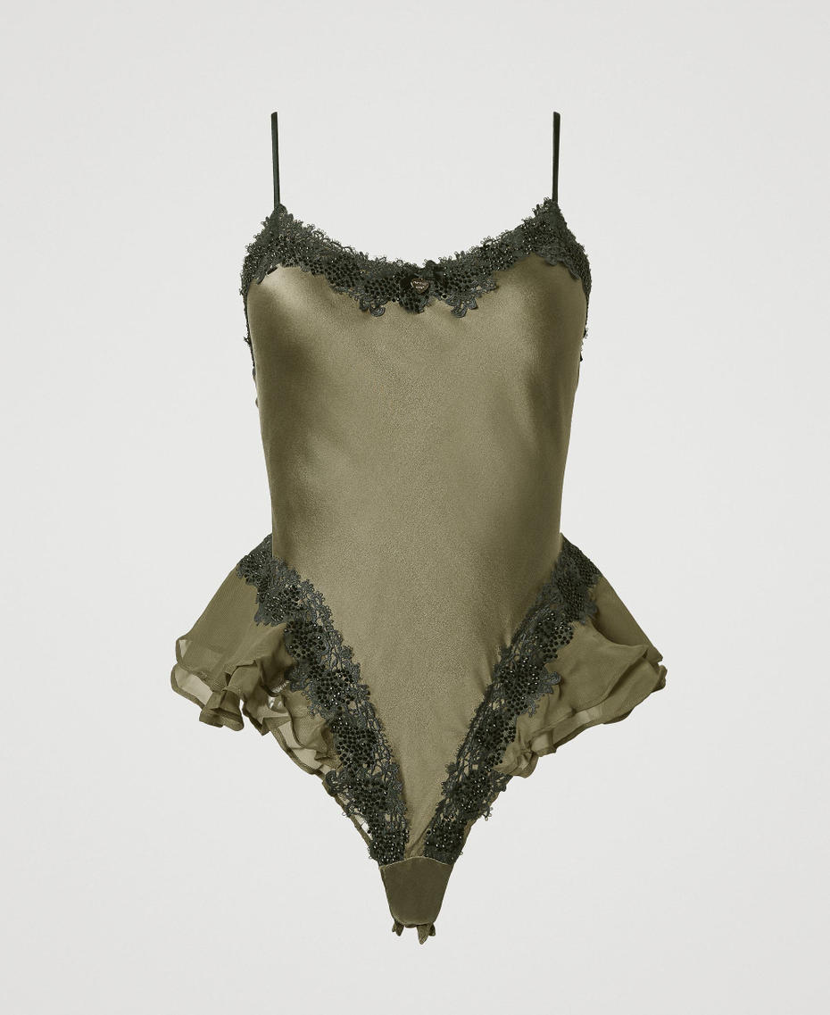 Silk bodysuit with macramè lace and rhinestones Two-tone Green Moss / Blackout Woman 242LL6CZZ_11999_S0
