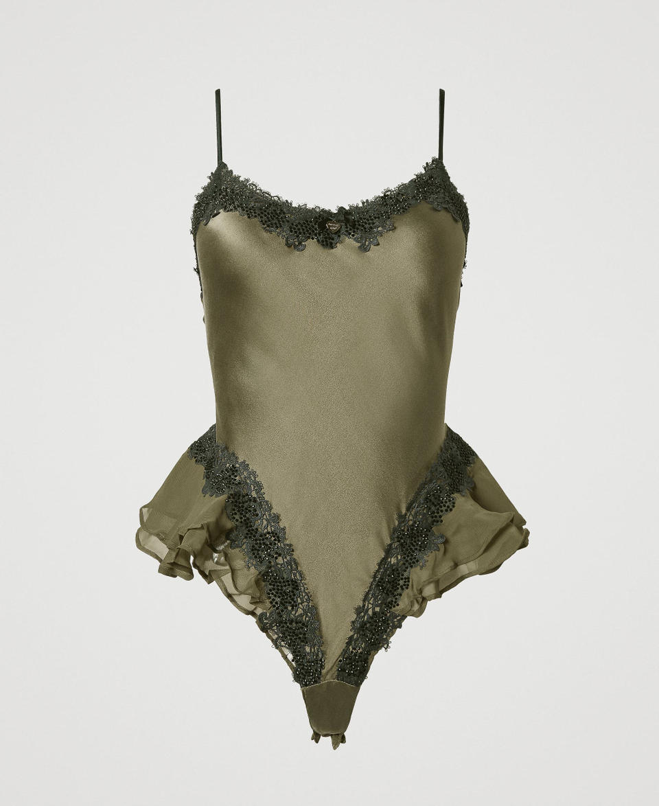 Silk bodysuit with macramè lace and rhinestones Two-tone Green Moss / Blackout Woman 242LL6CZZ_11999_S0