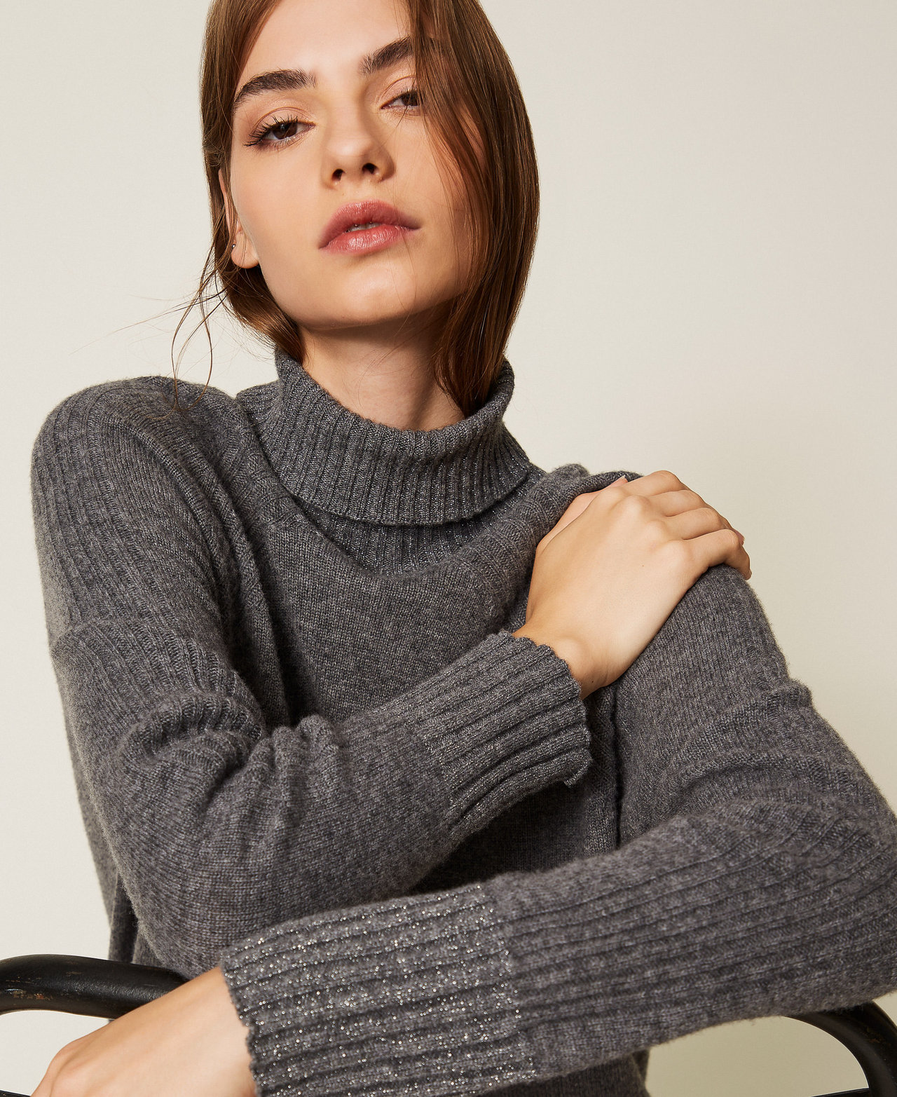 Cashmere blend turtleneck jumper with lurex Mid Grey Melange/Silver Lurex Woman 252TP3582_12800_PD