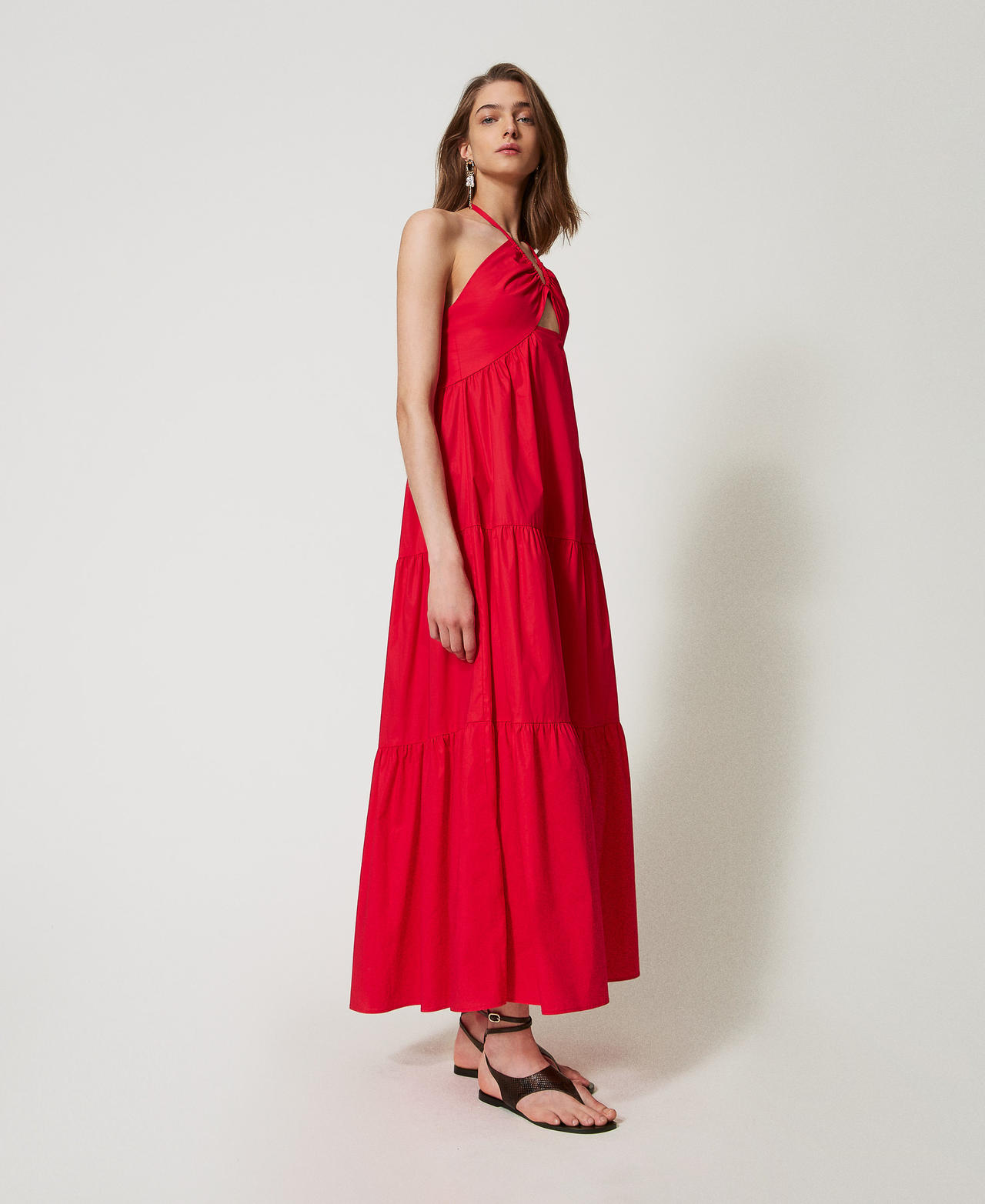 Langes Stufenkleid aus Popeline Hibiscus Red Frau 251TT2027_12365_02