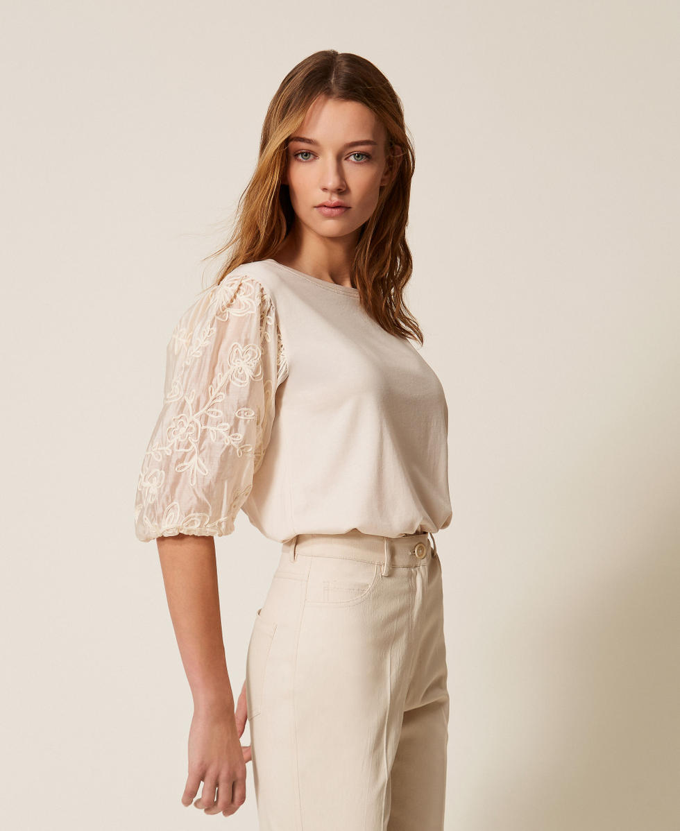 Blouse avec manches brod&eacute;es Blanc Parchemin Femme 261LB2PBB_00461_02