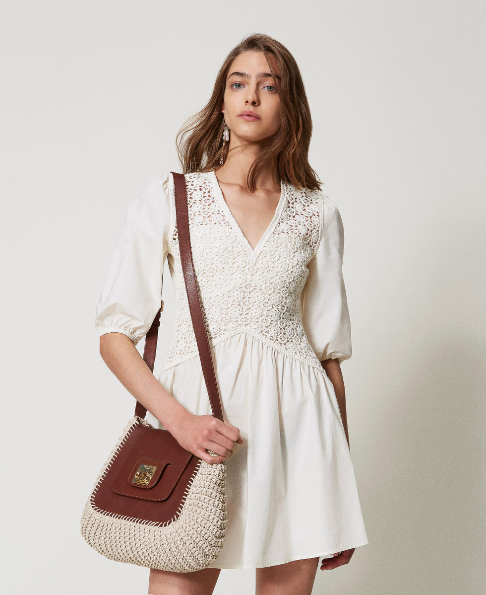 Short poplin dress with crochet detail Woman, White | TWINSET Milano