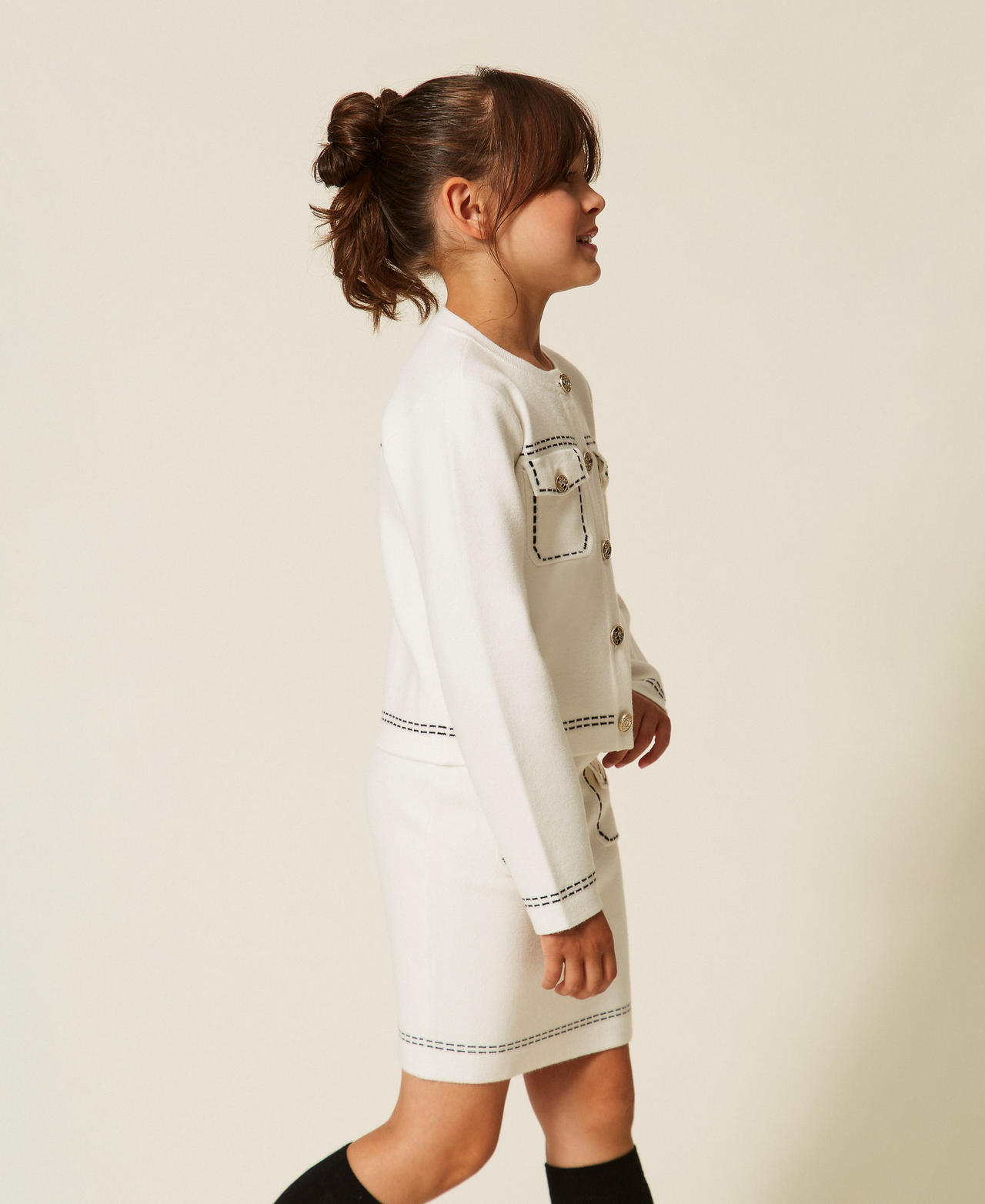Knitted jacket with stitching "Snow" White/Black Girl 262GJ3020_13770_02