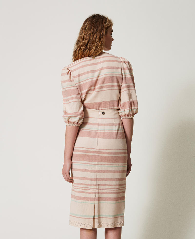 Jupe mi-longue en lin mélangé avec broderies Rayure Almond Beige/Green Marine/Amber Brown Femme 251LM2RBB_12377_03