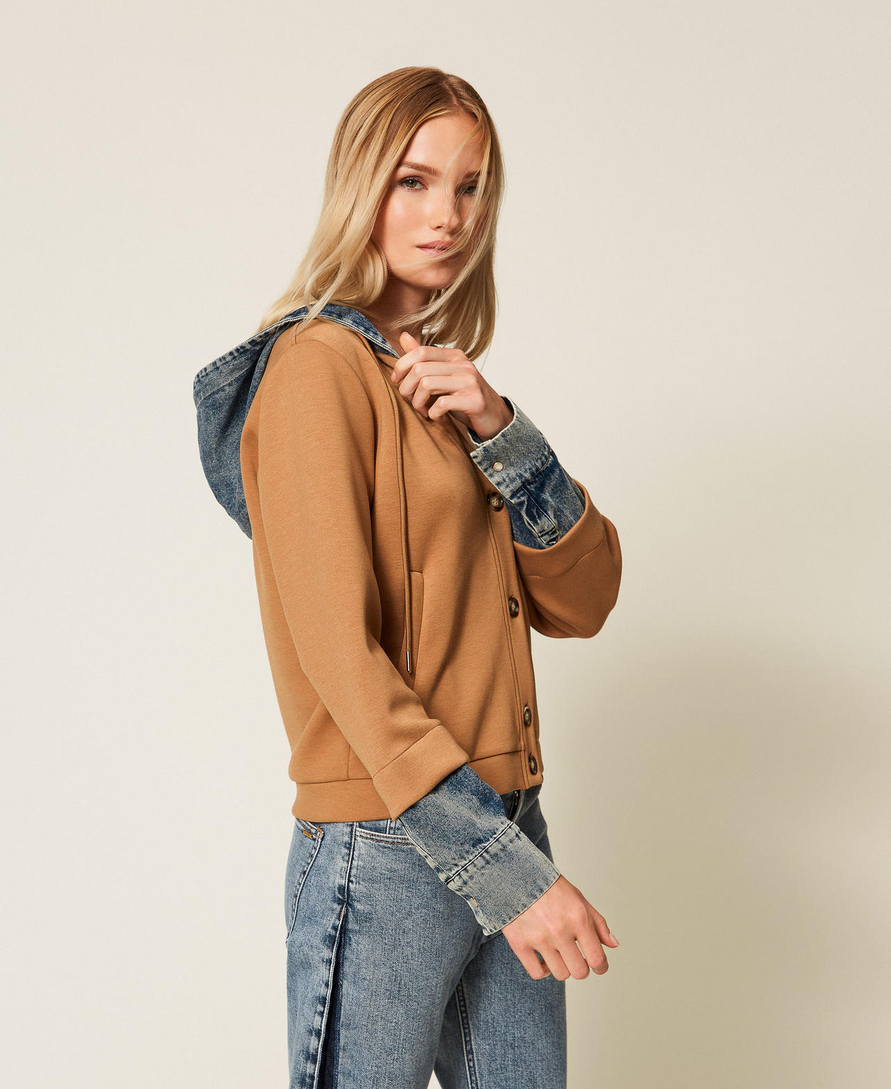 Scuba fabric and denim sweatshirt Two tone Camel/Denim Woman 252LI2PDD_12671_02