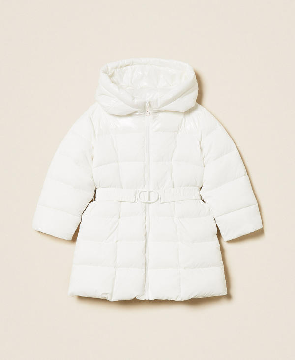 Girls' long puffer jacket with logo belt