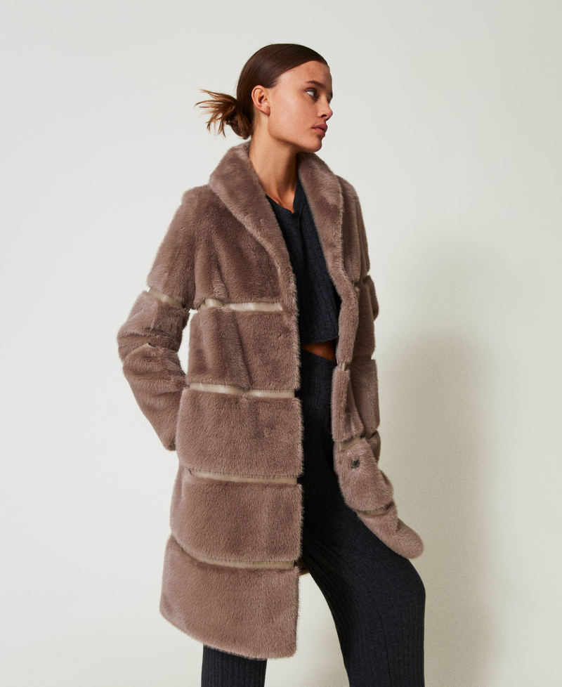 Faux fur coat with inlays Dark Taupe Woman 242TT2020_12003_03