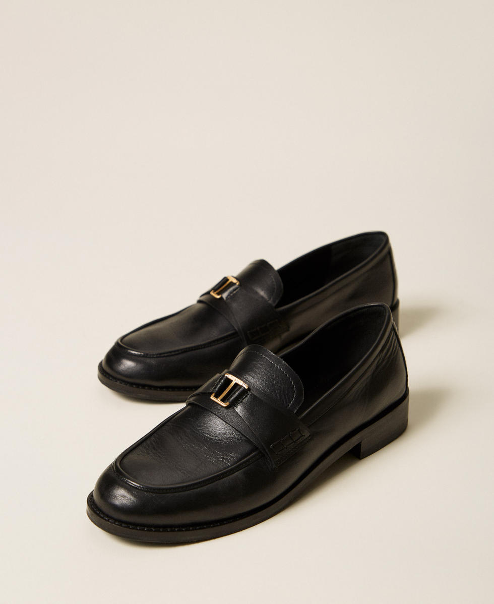 Leather loafers with logo Black Woman 262TCP020_00006_02
