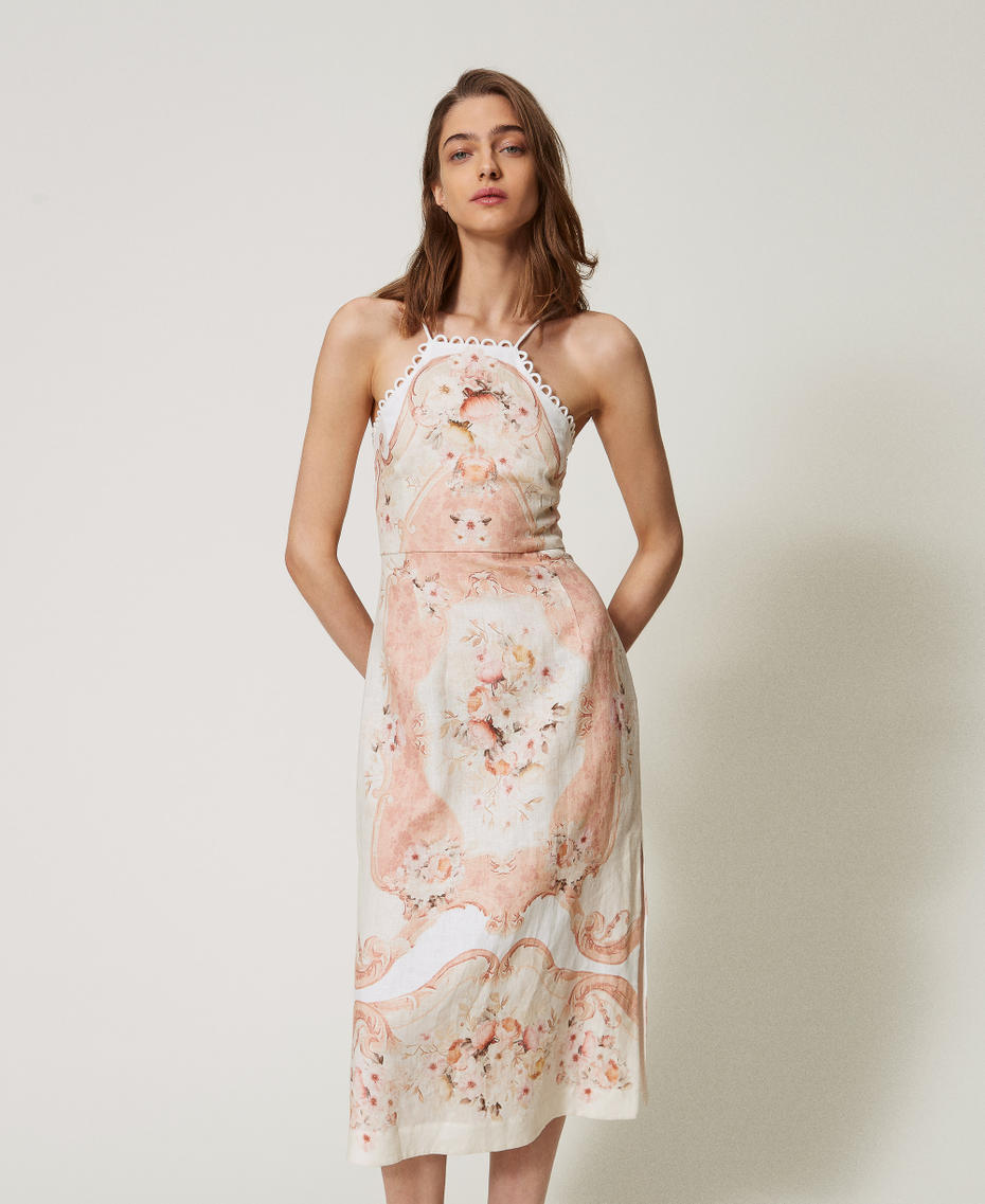 Midi dress in printed linen Flowers Tapestry Dusty Coral Shade Print Woman 251TT2440_12527_01