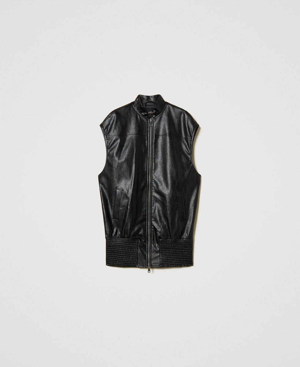 Long faux leather sleeveless jacket