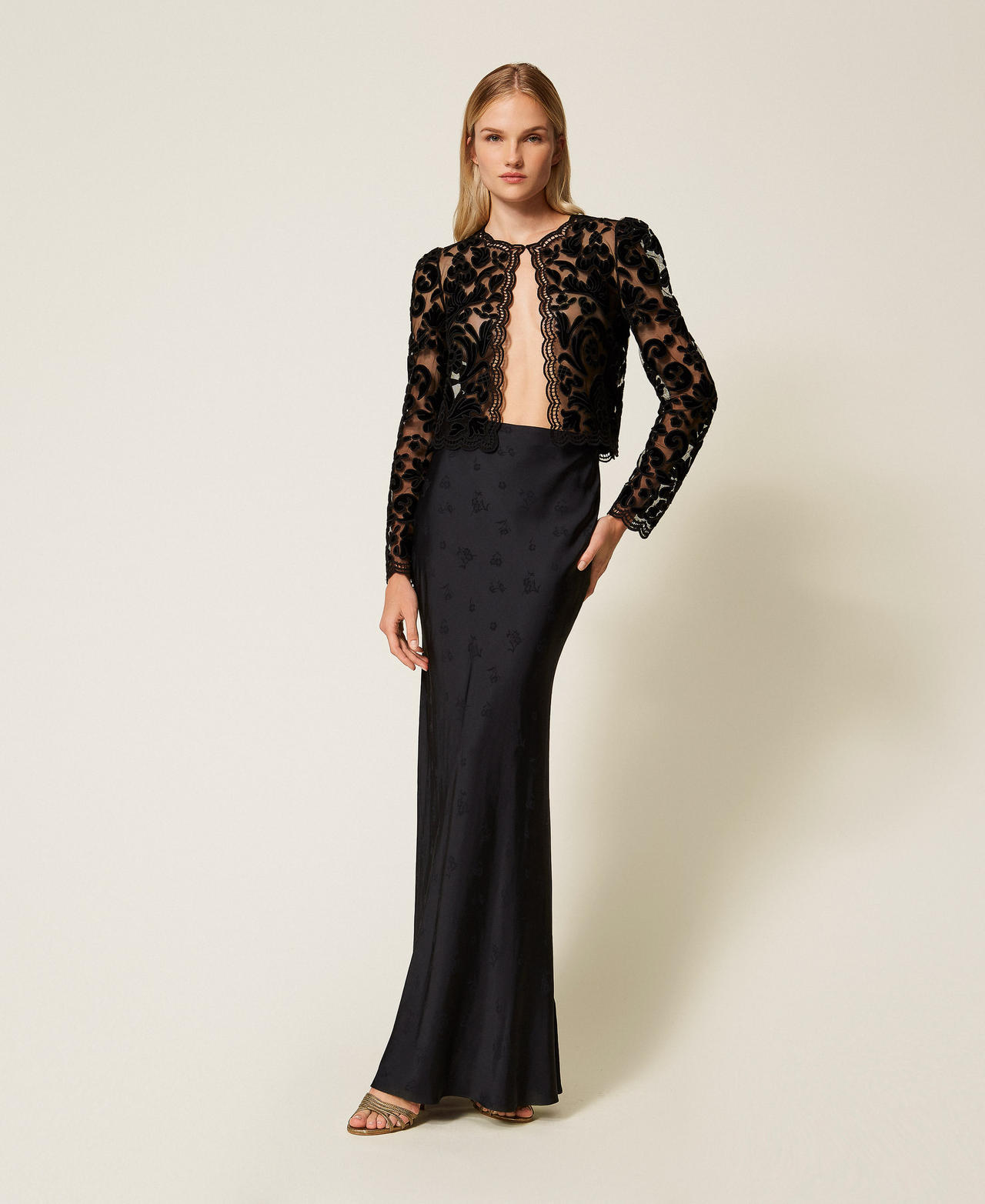 Long jacquard satin skirt Black Woman 252TT2366_00006_01