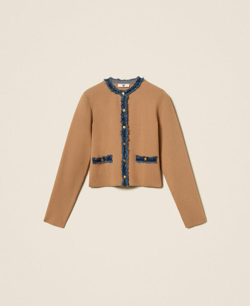 Fitted cardigan with denim trim "Dune" Beige/Denim Woman 262LI3GAA_13721_S0