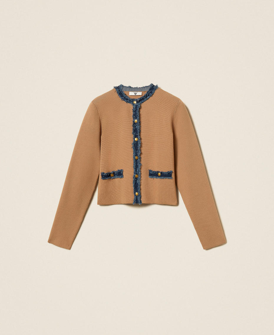 Fitted cardigan with denim trim "Dune" Beige/Denim Woman 262LI3GAA_13721_S0