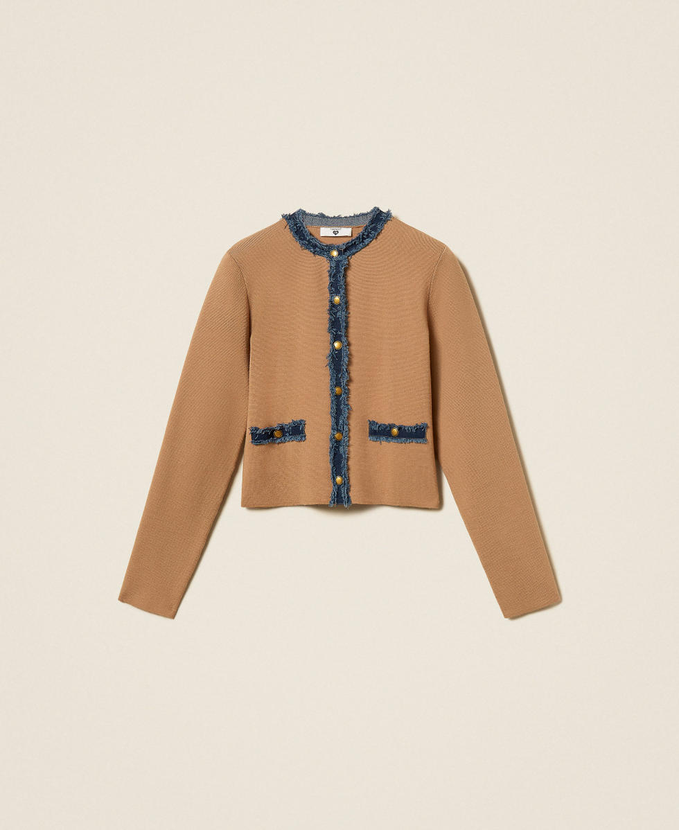 Fitted cardigan with denim trim "Dune" Beige/Denim Woman 262LI3GAA_13721_S0