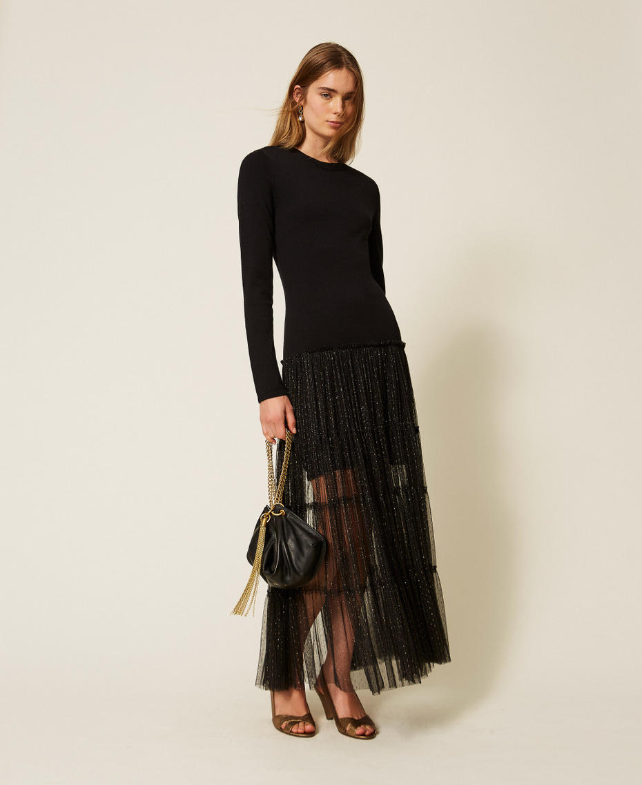 Langes Strickkleid mit Plumetis-T&uuml;ll Schwarz Frau 262TT3423_00006_T0
