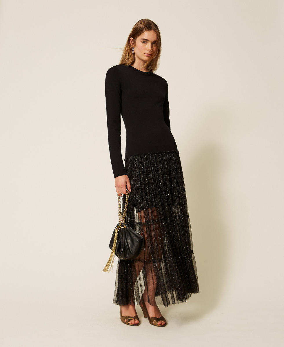 Langes Strickkleid mit Plumetis-T&uuml;ll Schwarz Frau 262TT3423_00006_T0