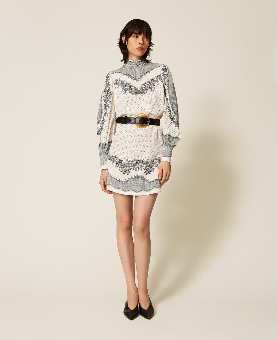 Abito corto in raso jacquard a fiori e pois Stampa Lace And Flowers Nero / Madreperla Donna 262TP267C_13947_01