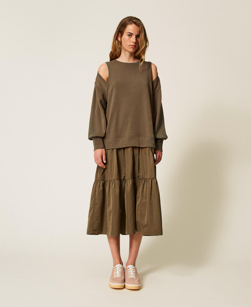 Plush fabric and taffeta long dress Green Olive Woman 252LI2GEE_12655_01