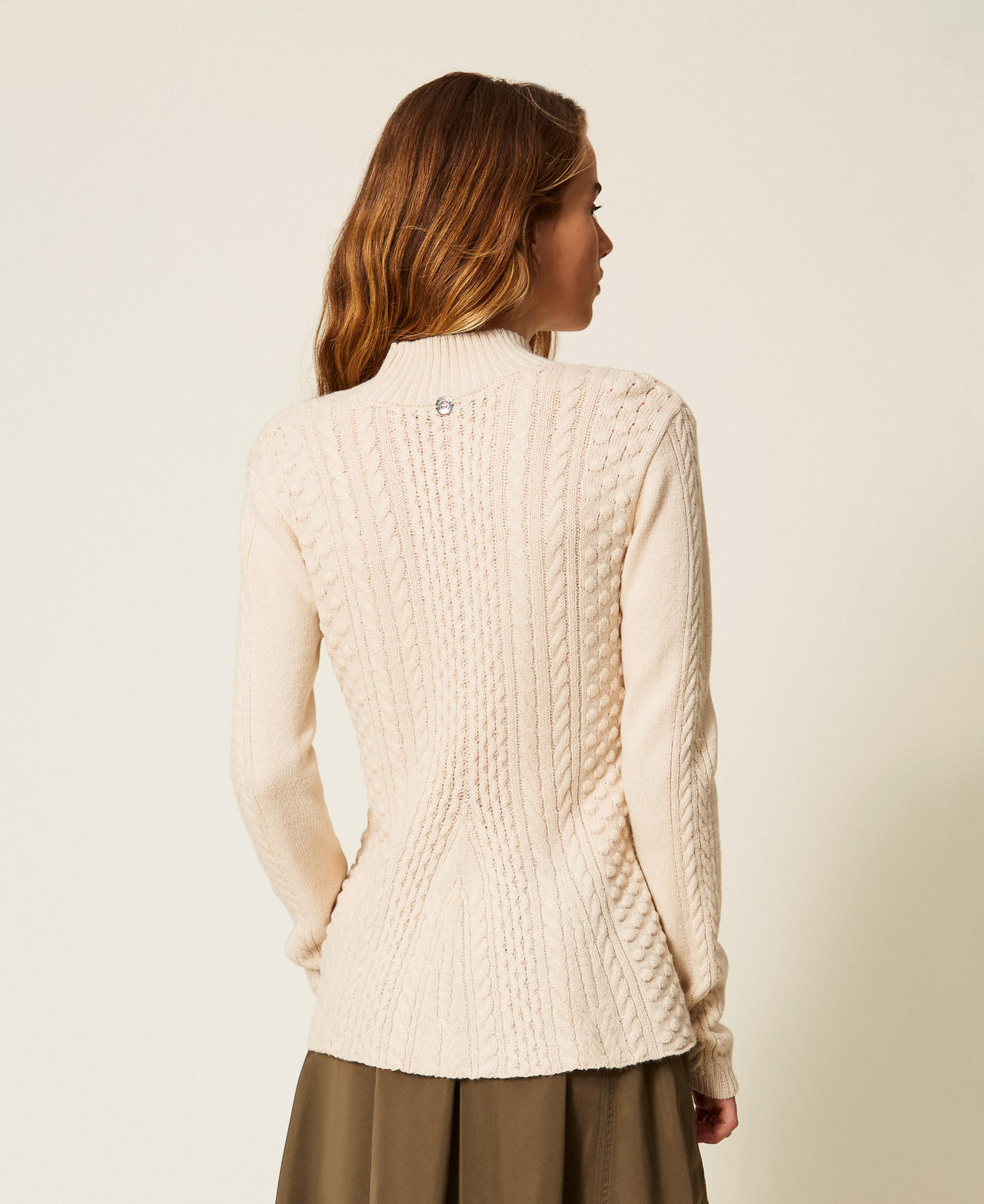 Cable knit turtleneck jumper Crystal Sand Beige Woman 252AP3110_12610_02