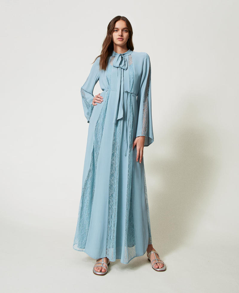 Long cr&ecirc;pe and Chantilly lace dress Dusty Blue Woman 251TP2411_00485_01
