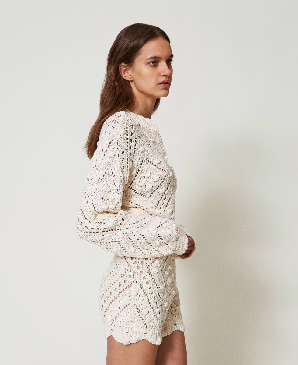 Openwork cotton blend jersey knit cardigan Woman, Beige