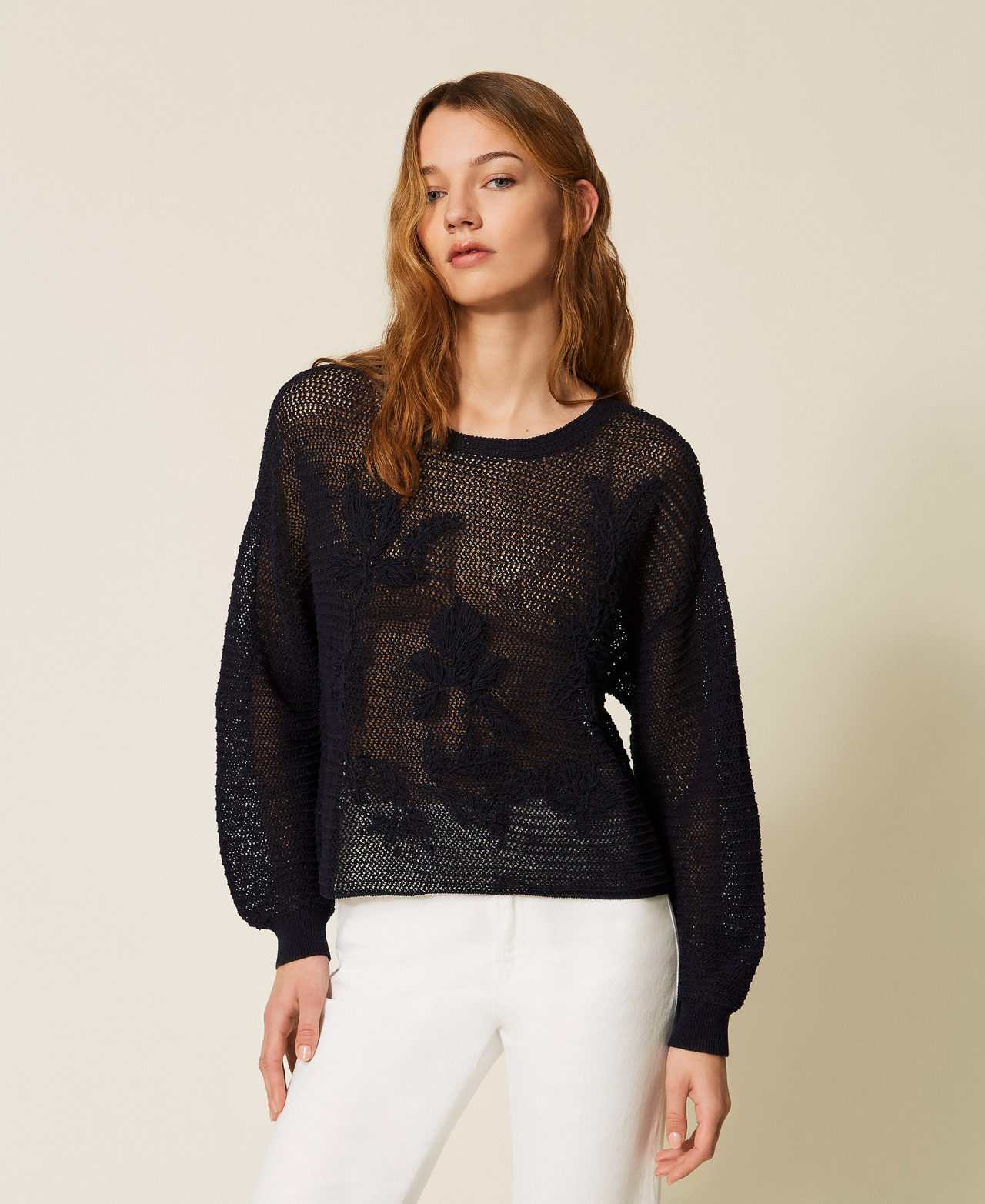 Twinset Women's Blue Night Mesh Jumper With Hand Embroidered Details