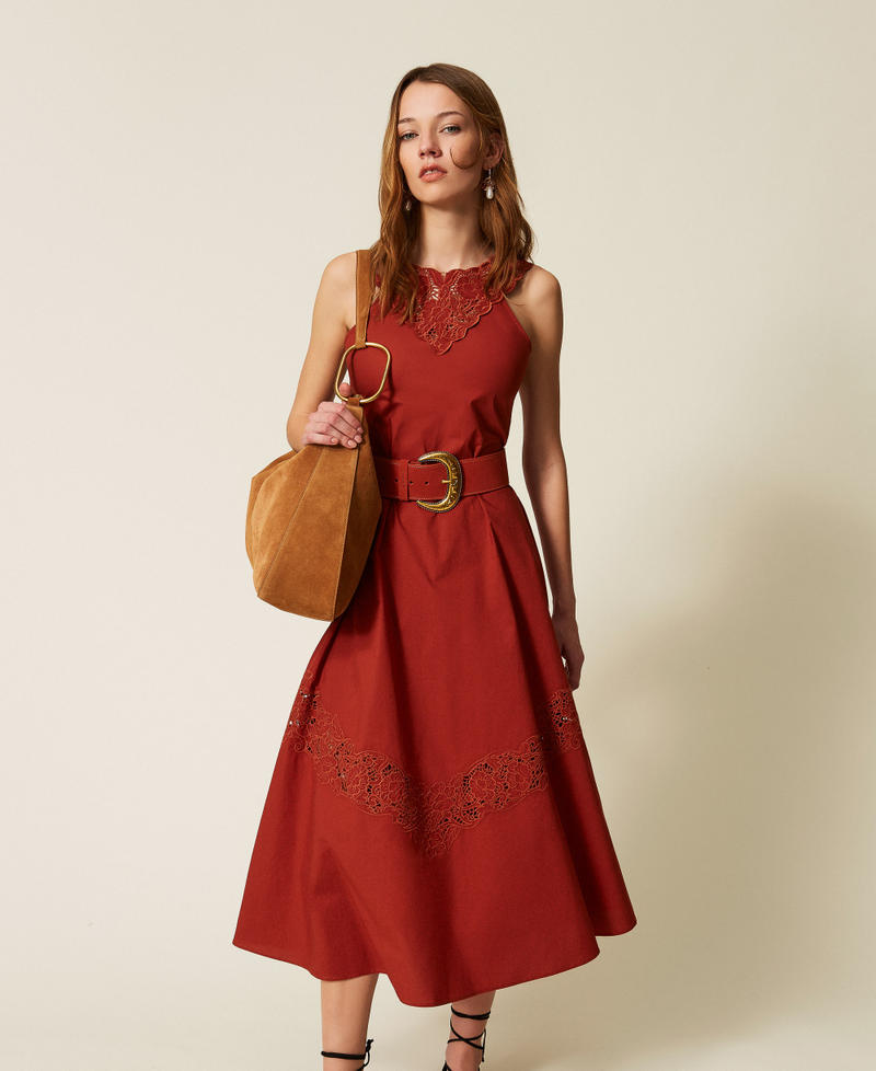 Long poplin and broderie anglaise dress Henna Brown Woman 261TT2032_13332_01