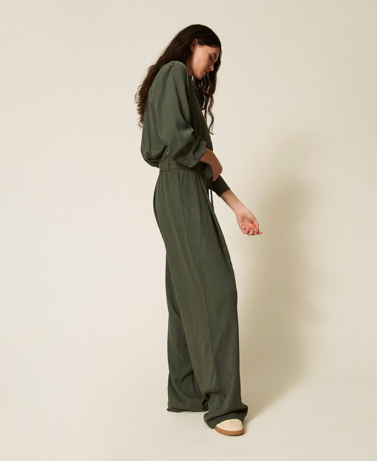 Twill jumpsuit with studs Thyme Green Woman 261LL2PEE_12843_02