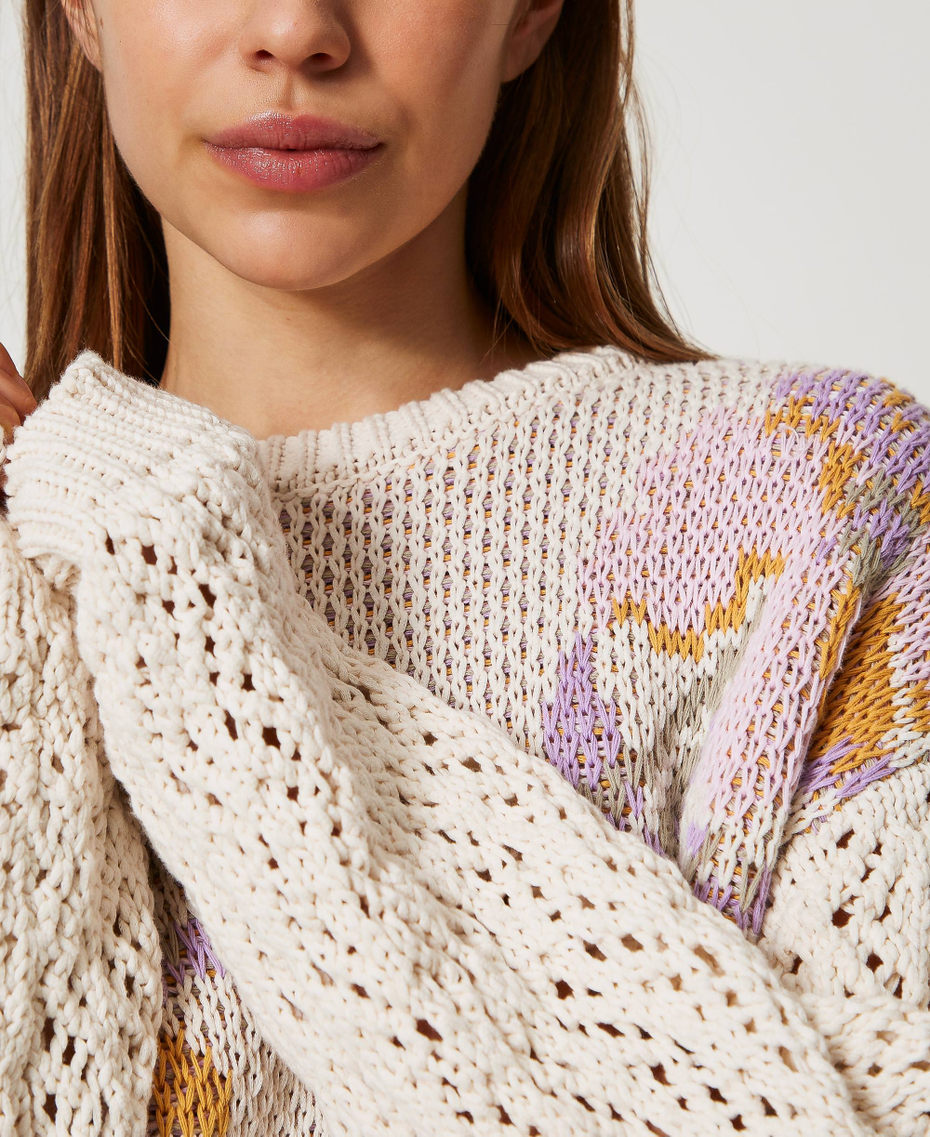 Jacquardpullover mit Blumendessin Flowers-Jacquard, schneeweiß Frau 251TP3611_12359_04
