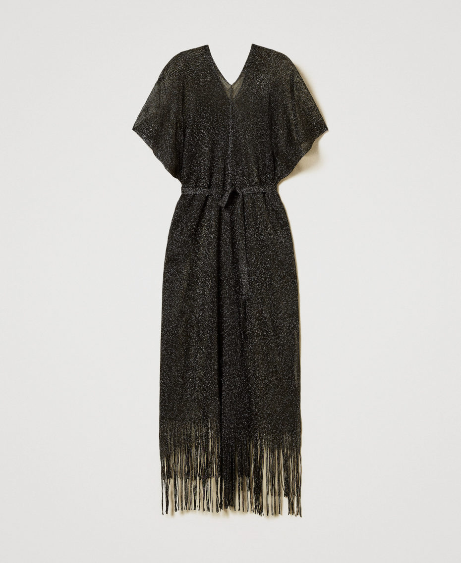 Long mesh and lurex kaftan with fringes Black Woman 251TO5180_00006_S0