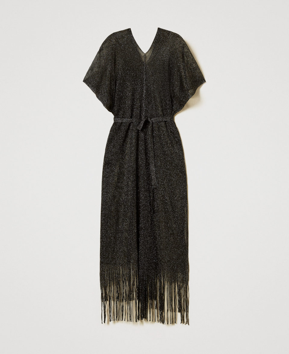 Long mesh and lurex kaftan with fringes Black Woman 251TO5180_00006_S0