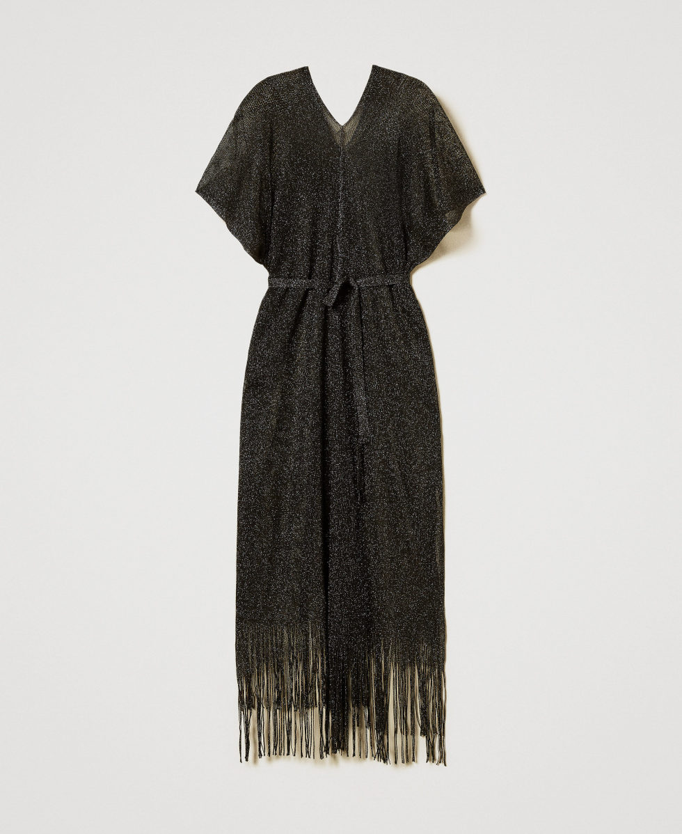Caftan long en filet et lurex avec franges Noir Femme 251TO5180_00006_S0