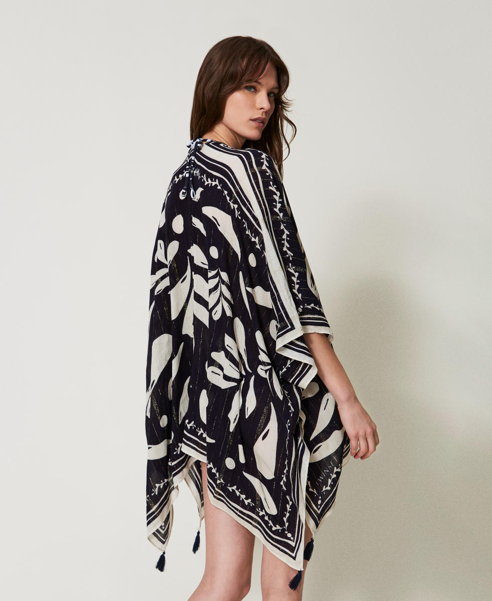 Poncho with print and tassels Classic Blue/Sugar Foulard Print Woman 251LM5BPP_12380_03