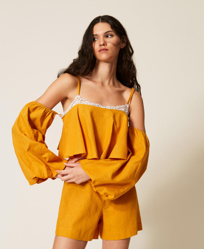 Linen blend short jumpsuit with lace Amber Orange Woman 261TF2100_13456_01