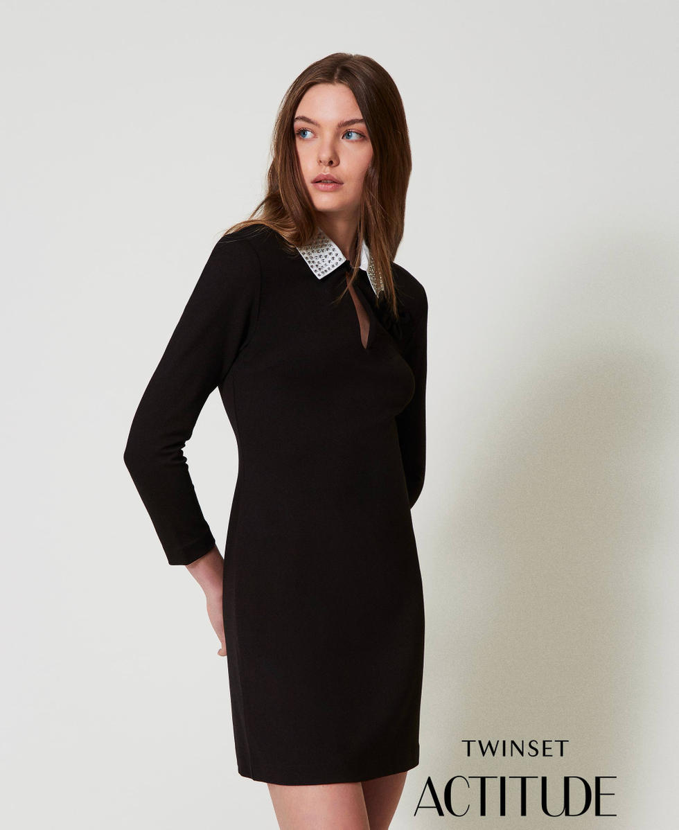 Robe courte avec col et strass Noir Femme 251AP2531_00006_PA