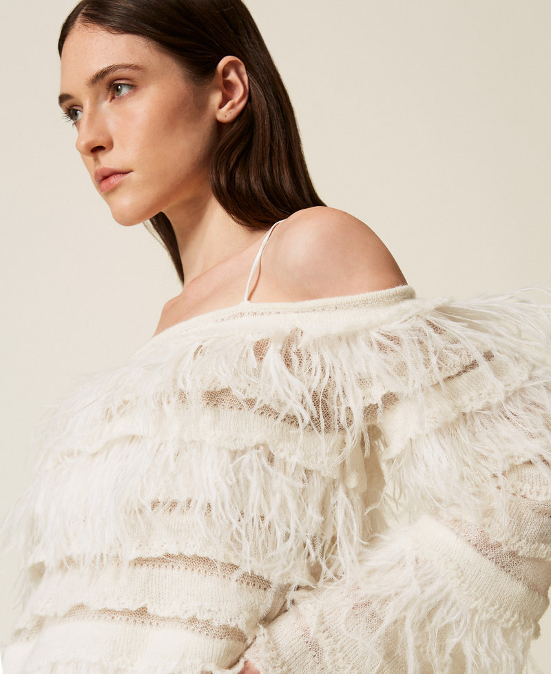 Short off shoulder knit dress with feathers White Snow Woman 252TS3243_00282_04