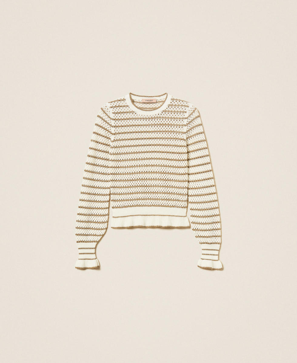 Fishnet jumper with lurex stripes Snow White/Golden Green Lurex Woman 252TP3532_12804_S0