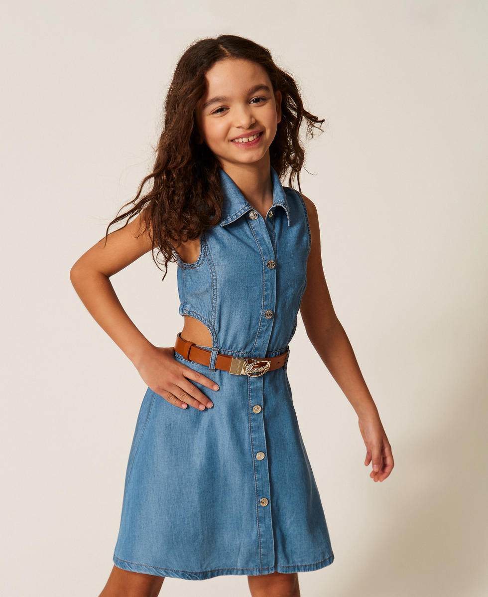 Kurzes Kleid aus Chambray mit Cut-out Chambray Mid Blue M&auml;dchen 261GJ2074_13235_T0
