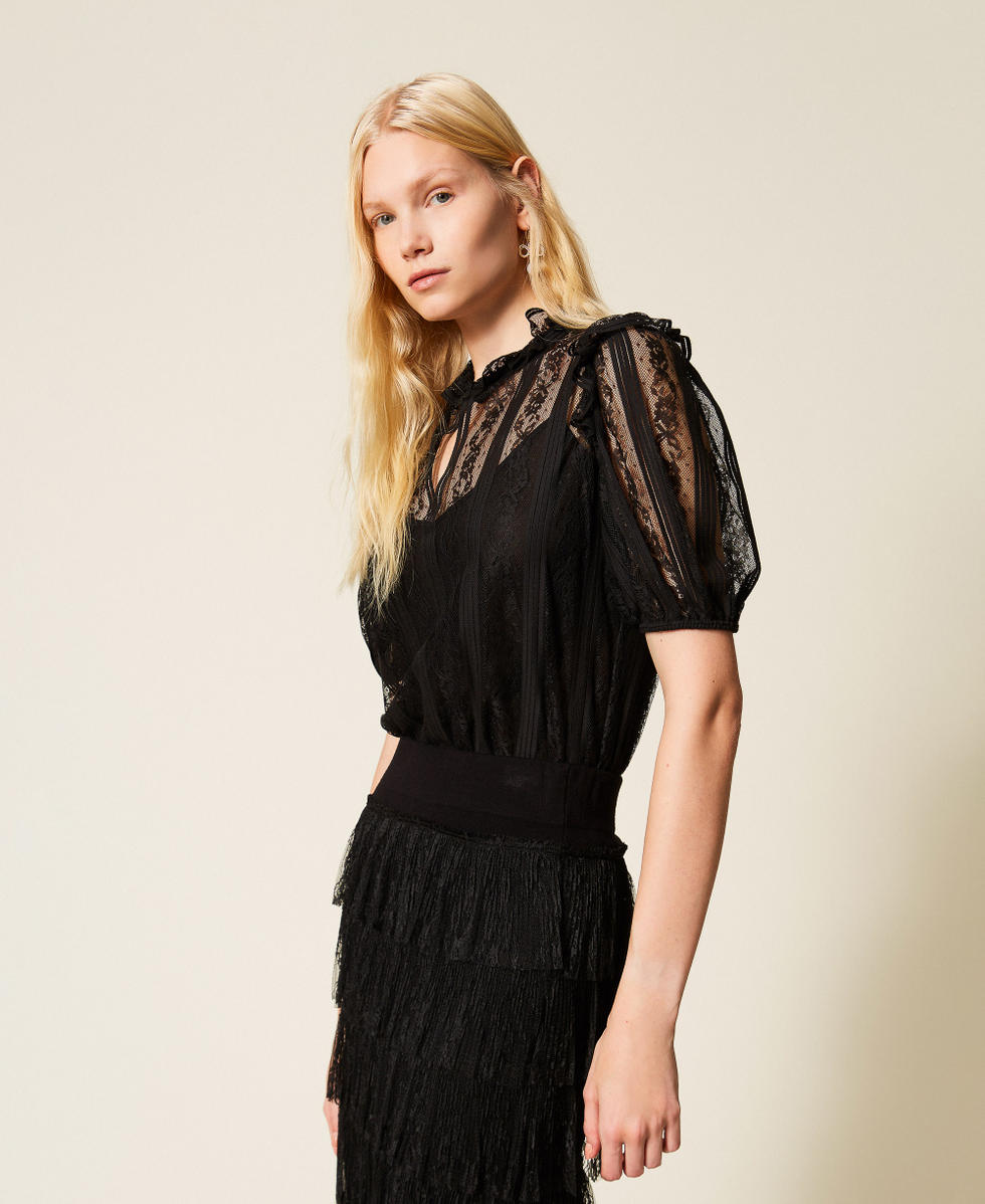 Bluzka z koronki w paski Czarny Kobieta 261TP2540_00006_02