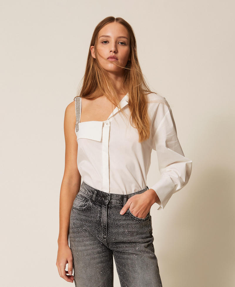 Einschultrige Hemdbluse aus Popeline Mattwei&szlig; Frau 261AP2120_00526_01