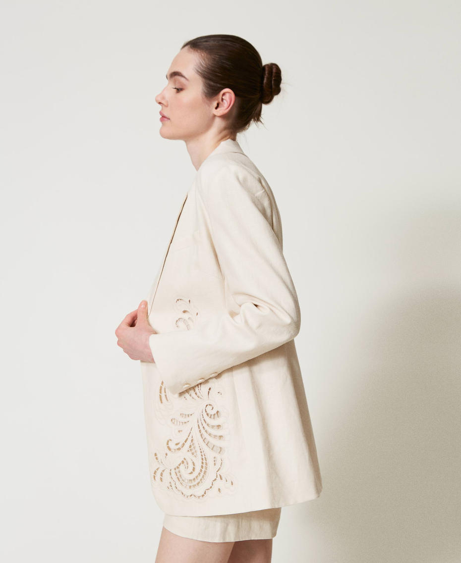 Linen blend jacket with embroidery Mother Of Pearl Woman 251TP2160_00059_01