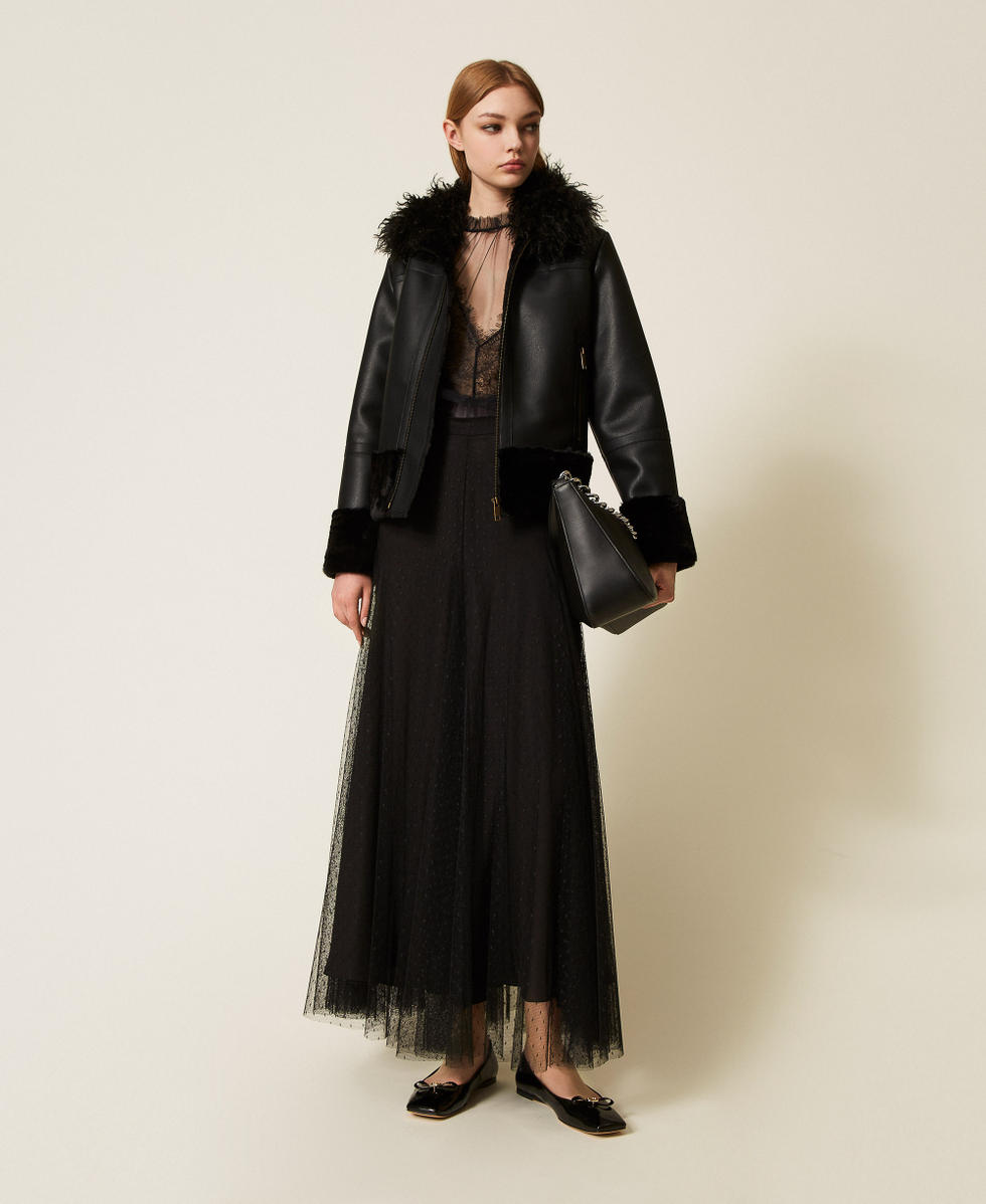 Jacke aus Leder- und Pelzimitat Schwarz Frau 252TP2410_00006_T0